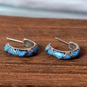 Vintage Navajo Sterling Silver and Crushed Turquoise Inlay Earrings